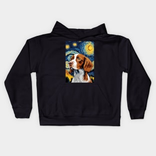 Cute Brittany Spaniel Dog Breed Painting in a Van Gogh Starry Night Art Style Kids Hoodie